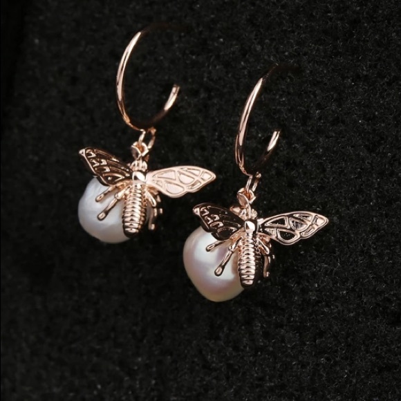 Yellow Gold Pearl Drop Delicate Bee Earrings - Picture 3 of 5